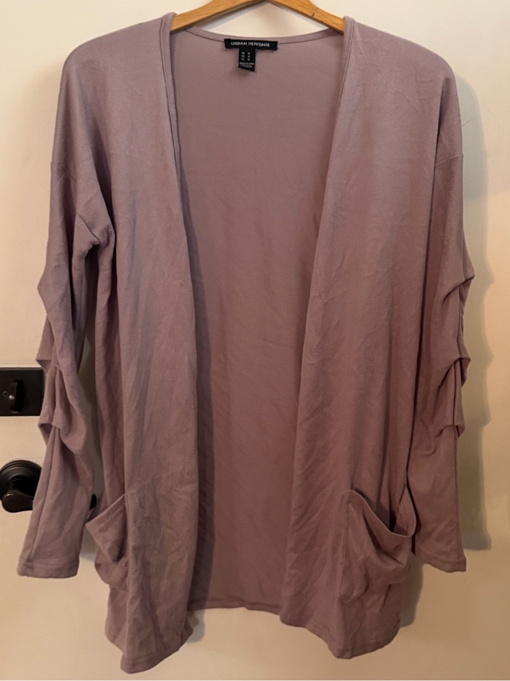 Urban Heritage Mauve Open Cardigan with Long Sleeves Gathered and Pockets